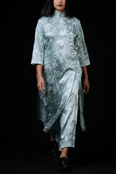 Celadon thread floral work pants