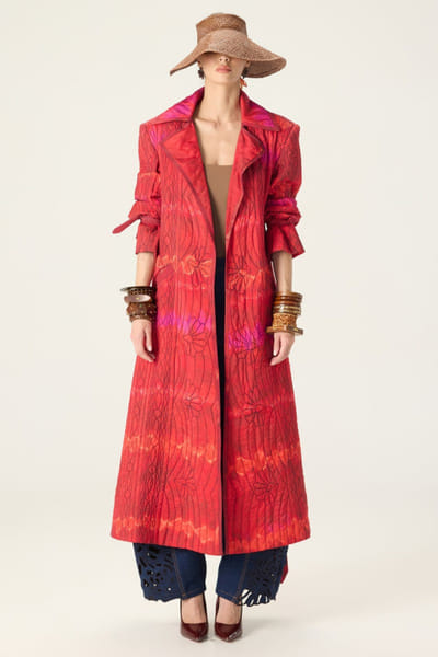 Saaksha & Kinni Red-blue printed quilted trench coat set SAAKAUG26D151983