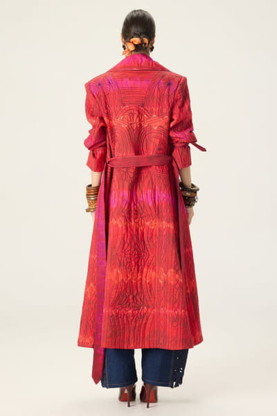 Saaksha & Kinni Red-blue printed quilted trench coat set SAAKAUG26D151983