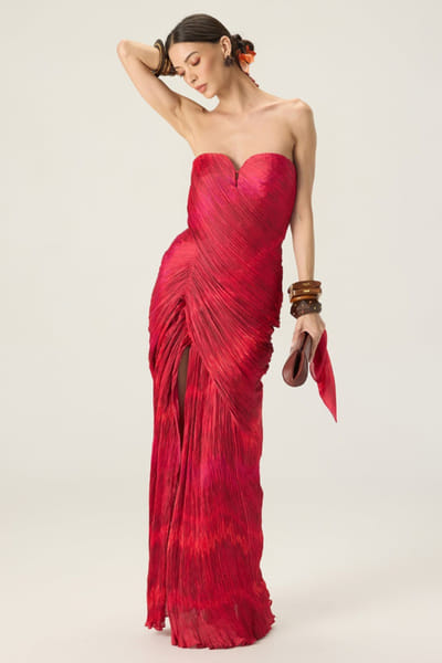 Saaksha & Kinni Red printed hand-micropleated maxi dress SAAKAUG26D252499