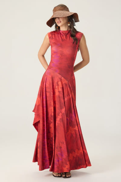 Saaksha & Kinni Red printed draped asymmetric maxi dress SAAKAUG26D151972