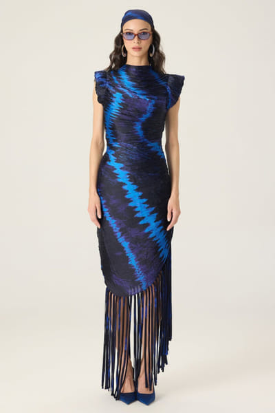 Saaksha & Kinni Blue printed hand micropleated fringe dress SAAKAUG26D151961