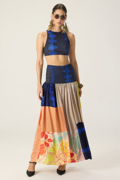 Saaksha & Kinni Multicoloured printed patchwork maxi skirt set SAAKAUG26D252495
