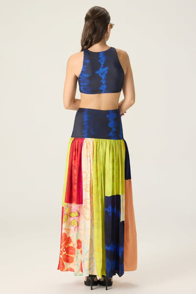 Saaksha & Kinni Multicoloured printed patchwork maxi skirt set SAAKAUG26D252495