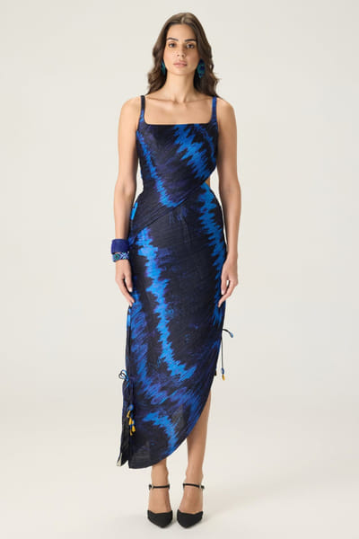 Saaksha & Kinni Blue printed hand micropleated drape dress SAAKAUG26D151979