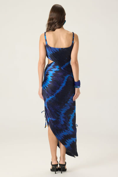 Saaksha & Kinni Blue printed hand micropleated drape dress SAAKAUG26D151979