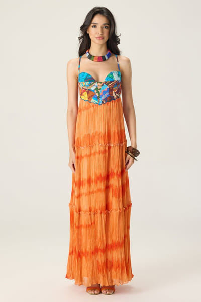 Saaksha & Kinni Orange printed hand micropleated maxi dress SAAKAUG26D151982