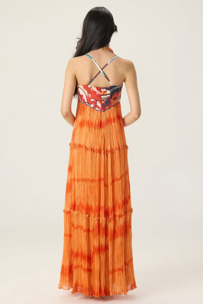Saaksha & Kinni Orange printed hand micropleated maxi dress SAAKAUG26D151982