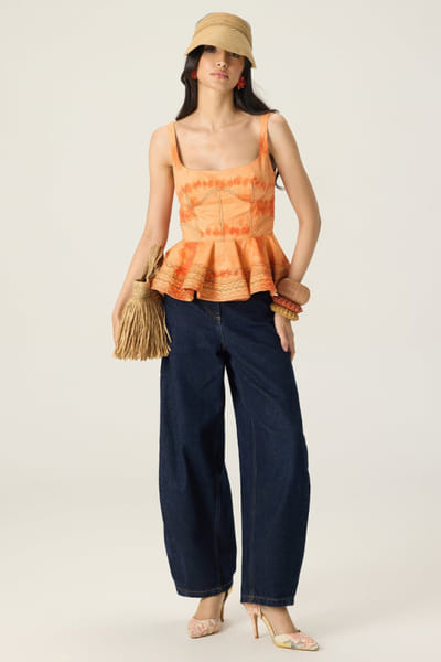 Saaksha & Kinni Orange printed embroidered peplum blouse SAAKAUG26D252513
