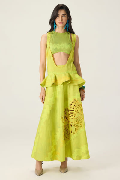 Saaksha & Kinni Lime green printed embroidered skirt set SAAKAUG26D151969
