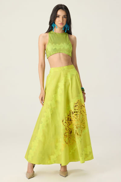 Saaksha & Kinni Lime green printed hand appliqued skirt set SAAKAUG26D252512