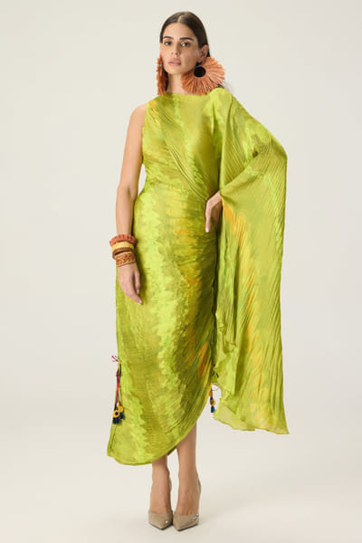 Saaksha & Kinni Lime green printed hand micropleated dress SAAKAUG26D252509