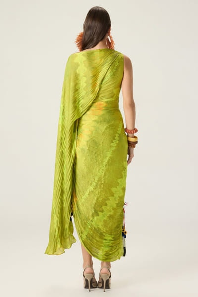 Saaksha & Kinni Lime green printed hand micropleated dress SAAKAUG26D252509