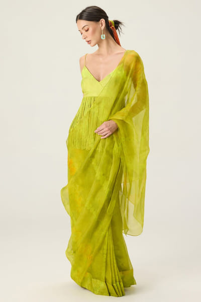 Saaksha & Kinni Lime green printed pre-draped sari set SAAKAUG26D252504