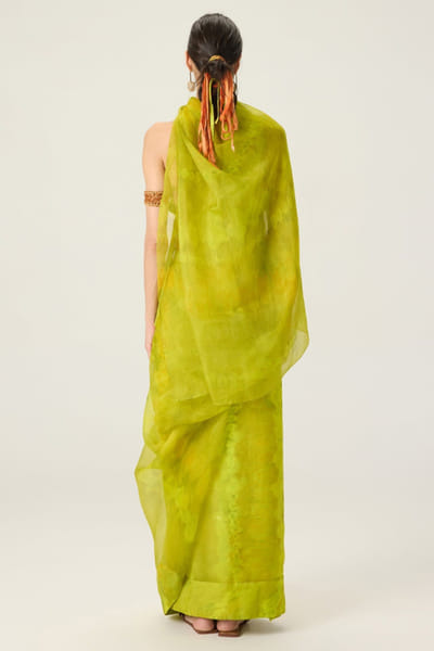 Saaksha & Kinni Lime green printed pre-draped sari set SAAKAUG26D252504