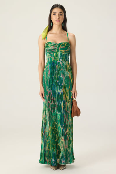Saaksha & Kinni Green floral print micropleated maxi dress SAAKAUG26D151963