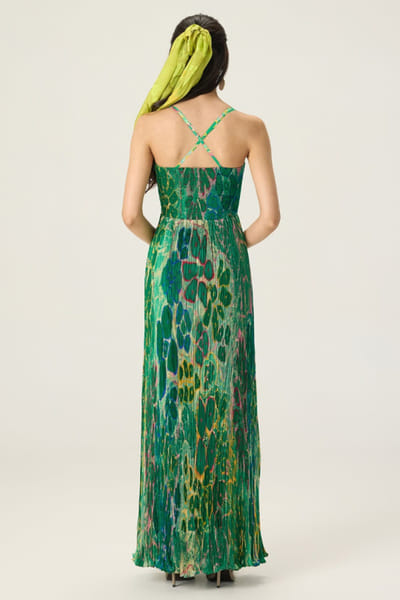 Saaksha & Kinni Green floral print micropleated maxi dress SAAKAUG26D151963