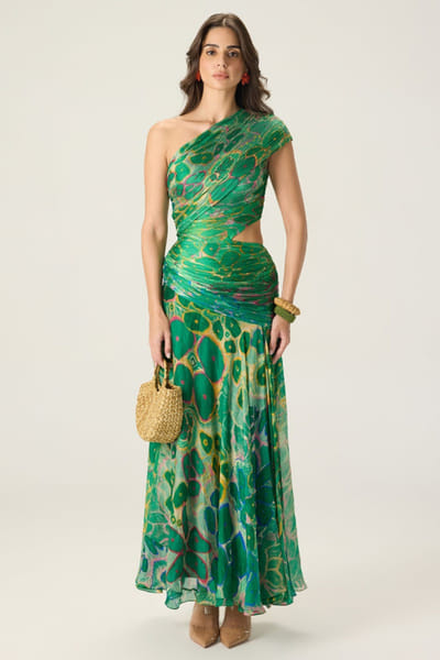 Saaksha & Kinni Green printed micropleated one-shoulder dress SAAKAUG26D151980