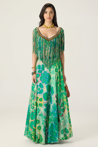 Saaksha & Kinni Green printed embroidered lehenga skirt set SAAKAUG26D252506