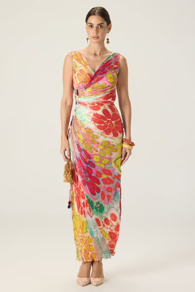 Saaksha & Kinni Multicolour floral print micropleated dress SAAKAUG26D151975