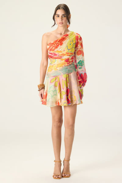 Saaksha & Kinni Multicolour floral print one-shoulder dress SAAKAUG26D252497
