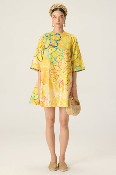 Saaksha & Kinni Yellow floral print hand appliqued shift dress SAAKAUG26D252508