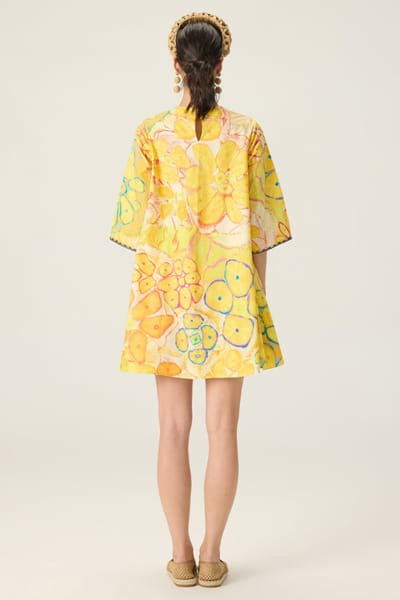 Saaksha & Kinni Yellow floral print hand appliqued shift dress SAAKAUG26D252508