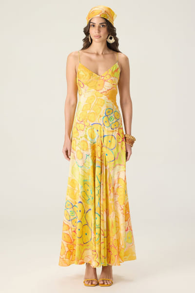 Saaksha & Kinni Yellow floral print flared slip dress SAAKAUG26D252500