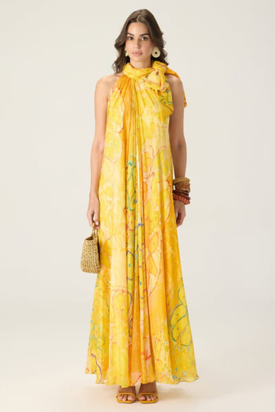 Saaksha & Kinni Yellow abstract floral print halter maxi dress SAAKAUG26D151960