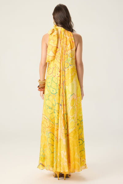 Saaksha & Kinni Yellow abstract floral print halter maxi dress SAAKAUG26D151960