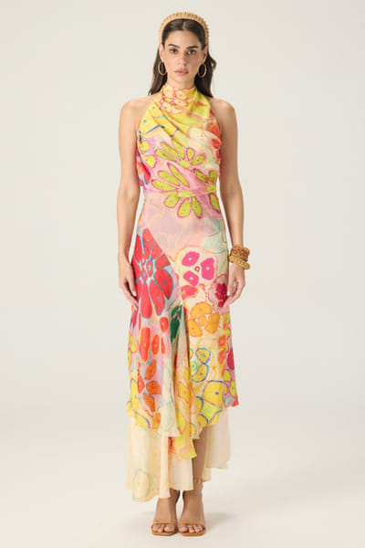 Saaksha & Kinni Multicolour floral print asymmetric dress SAAKAUG26D151965