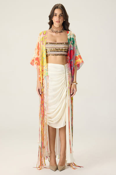 Saaksha & Kinni Multicolour floral print tasseled cape set SAAKAUG26D252510