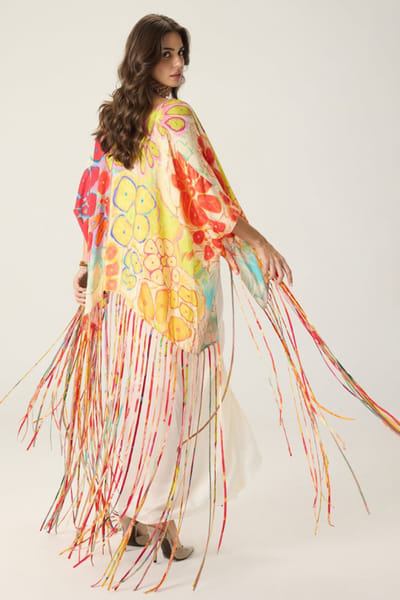 Saaksha & Kinni Multicolour floral print tasseled cape set SAAKAUG26D252510