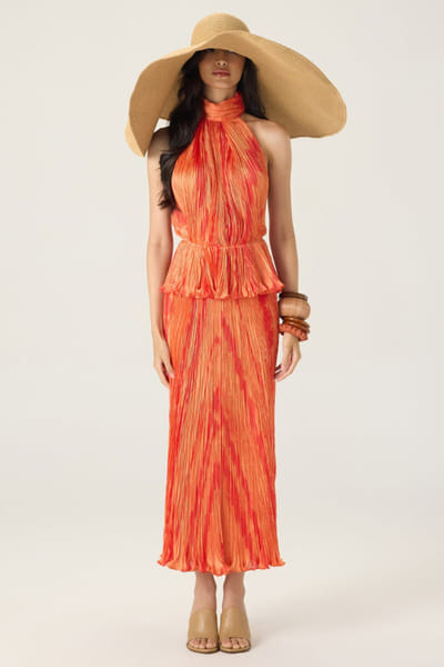 Saaksha & Kinni Orange printed ruched halterneck dress SAAKAUG26D151957