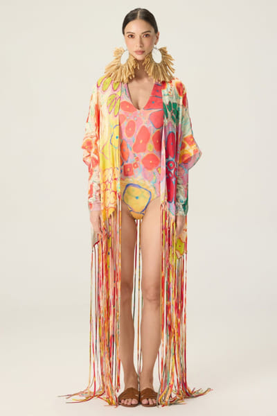 Saaksha & Kinni Multicoloured floral print tasseled cape set SAAKAUG26D252511