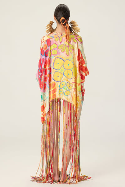 Saaksha & Kinni Multicoloured floral print tasseled cape set SAAKAUG26D252511