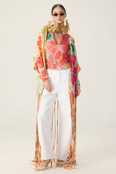 Saaksha & Kinni Multicoloured floral print tasseled cape set SAAKAUG26D151981