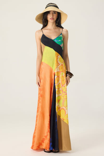 Saaksha & Kinni Multicolour print patchwork slip dress SAAKAUG26D252498