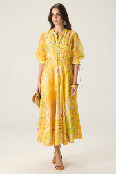 Saaksha & Kinni Yellow floral print midi dress SAAKAUG26D252516