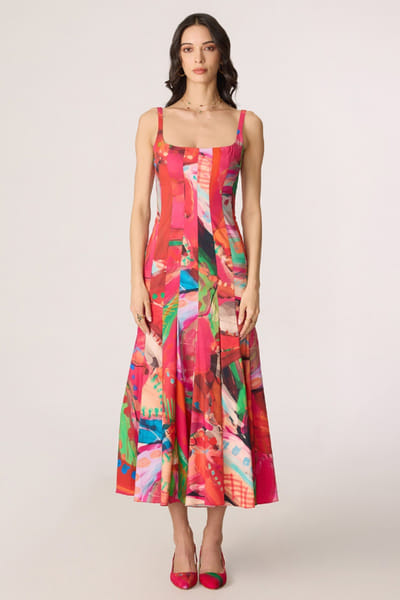 Saaksha & Kinni Pink abstract printed midi dress SAAKJUL26D148597