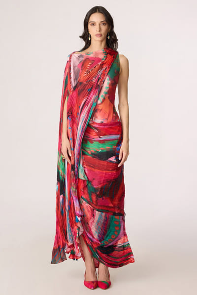 Saaksha & Kinni Pink abstract floral printed kaftan dress SAAKJUL26D349194