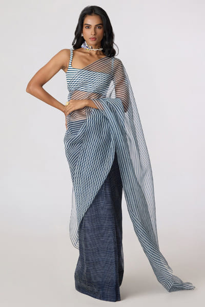 Saaksha & Kinni Grey stripe printed denim bustier SAAKJUL26D349219