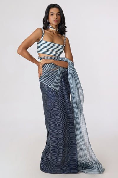 Saaksha & Kinni Grey stripe printed pre-draped sari SAAKJUL26D349220