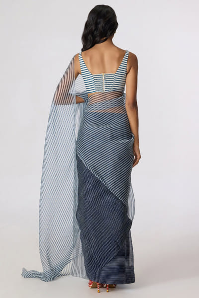 Saaksha & Kinni Grey stripe printed pre-draped sari SAAKJUL26D349220