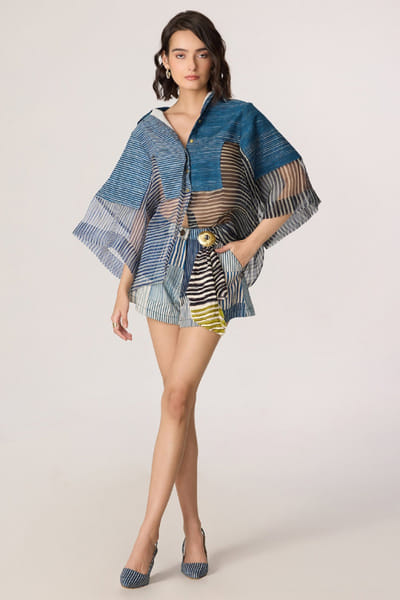 Saaksha & Kinni Blue and grey stripe printed batwing shirt SAAKJUL26D349199