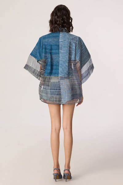 Saaksha & Kinni Blue and grey stripe printed batwing shirt SAAKJUL26D349199