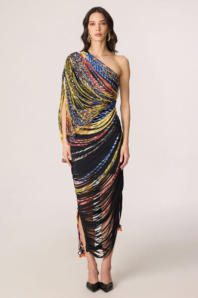 Saaksha & Kinni Multicolour stripe printed one-shoulder dress SAAKJUL26D148587