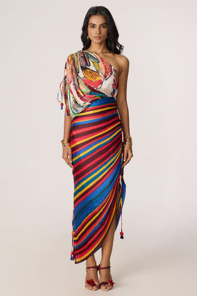 Saaksha & Kinni Multicolor abstract printed one-shoulder dress SAAKJUL26D148598