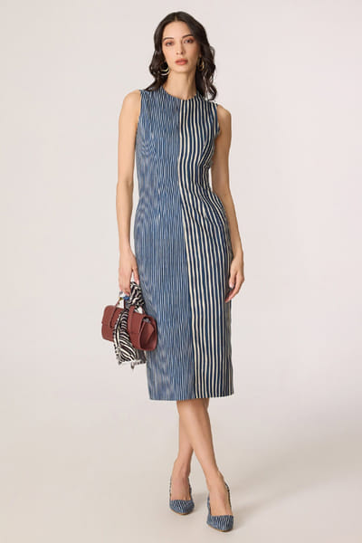 Saaksha & Kinni Blue and grey stripe printed midi dress SAAKJUL26D349193