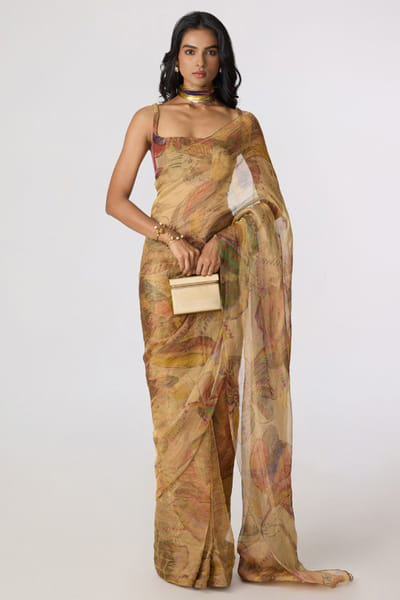 Saaksha & Kinni Gold abstract floral printed drape sari SAAKJUL26D148596